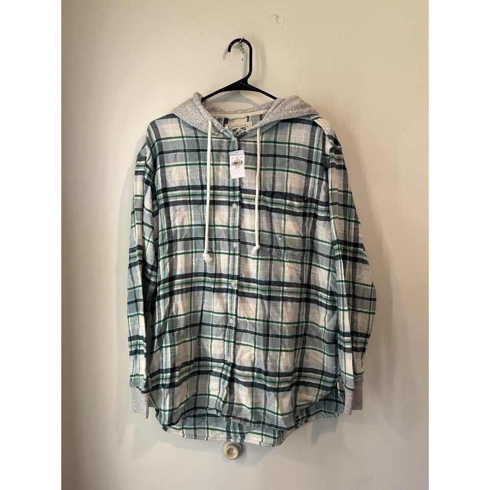 American‎ Eagle Plaid Flannel Shacket Hooded Blue Green Mens Medium Soft Light